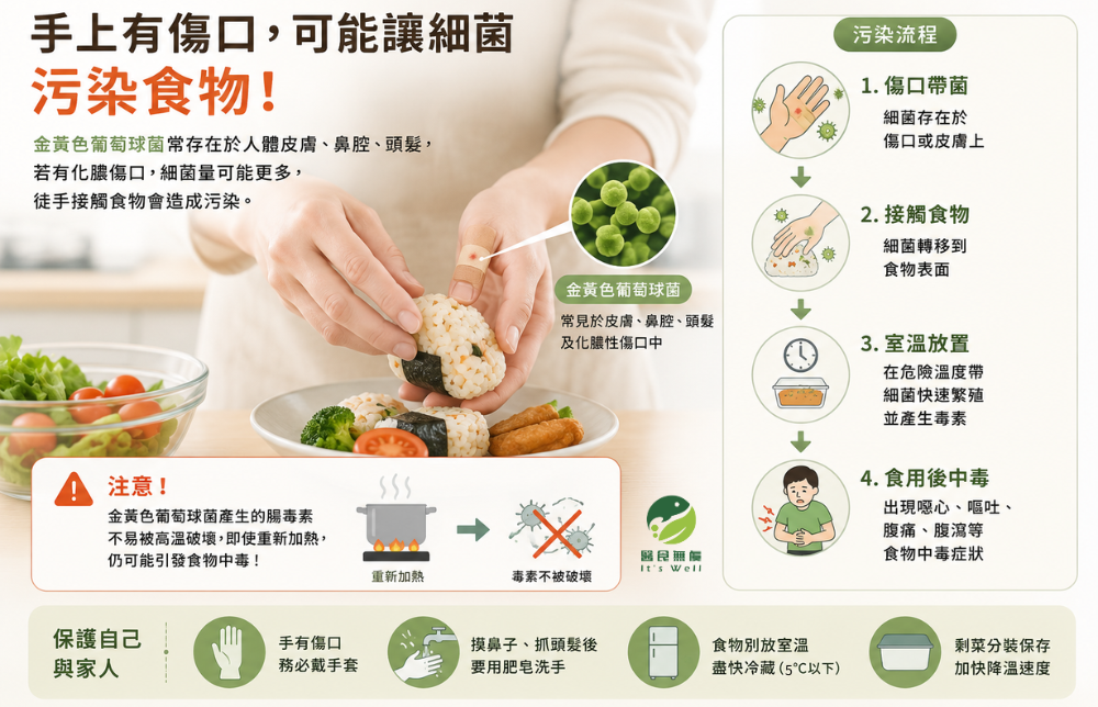 手部傷口接觸食物可能造成金黃色葡萄球菌污染