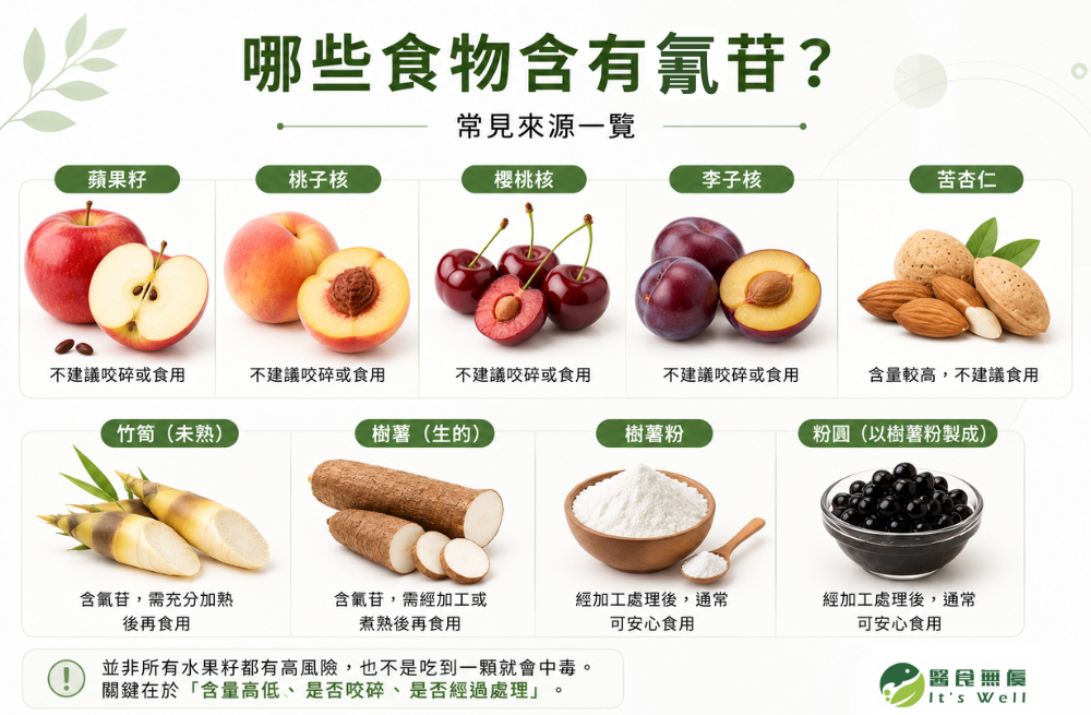 常見含氰苷食物整理，包括蘋果籽、桃子核、櫻桃核、李子核、苦杏仁、竹筍與樹薯，並提醒適當處理後可安心食用