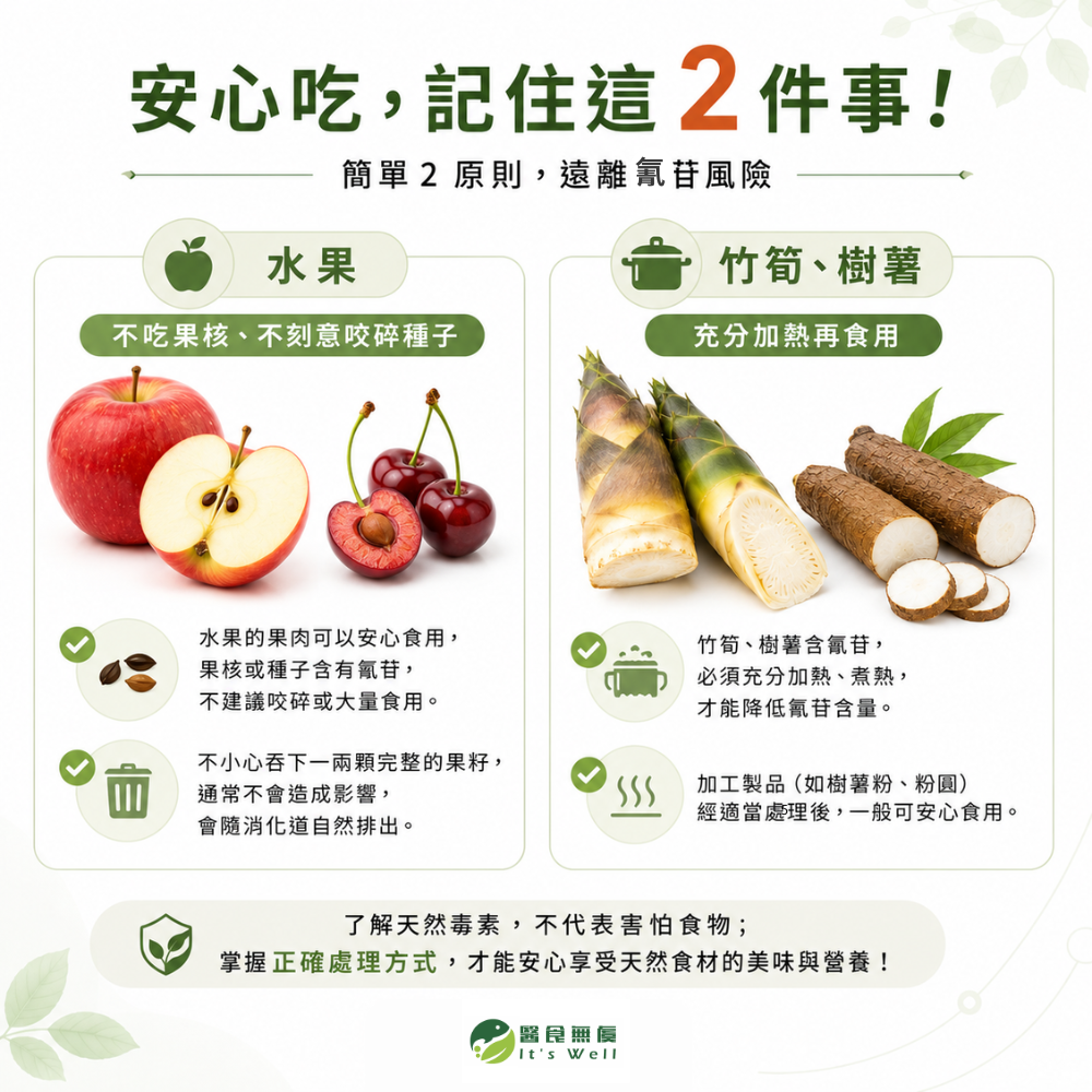 安全食用含氰苷食物重點整理，提醒水果避免咬碎果核與種子，竹筍和樹薯應充分加熱後再食用，降低天然毒素風險。