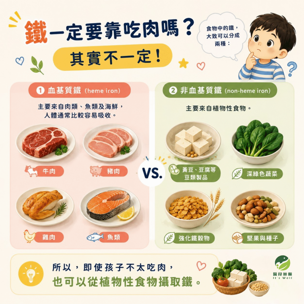 兒童補鐵食物來源,包括肉類、魚類、海鮮、豆類與深綠色蔬菜